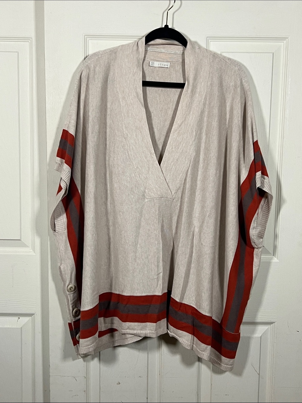 Hinge lightweight boho Poncho, tan with Red and brown, oversized, small